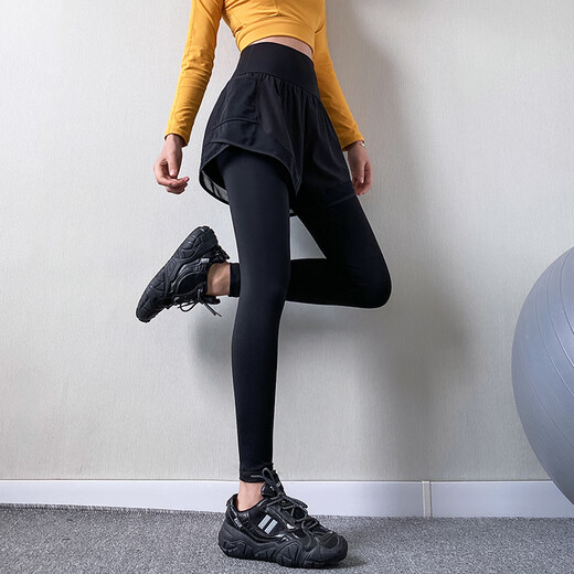 LULU CENTURY Yoga Pants Women's High Waist Fake Two-Piece Running Quick-Drying Tight High-Elastic Pilates Training Gym Dance Pants Black M (Recommended 95-118 Jin Jin equals about 0.5 kg)