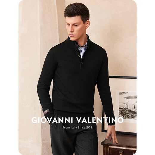 卓凡尼·华伦天奴（GIOVANNI VALENTINO）纯羊毛半开领套头毛衣针织衫男装男款半高领羊毛衫 黑色 XL 