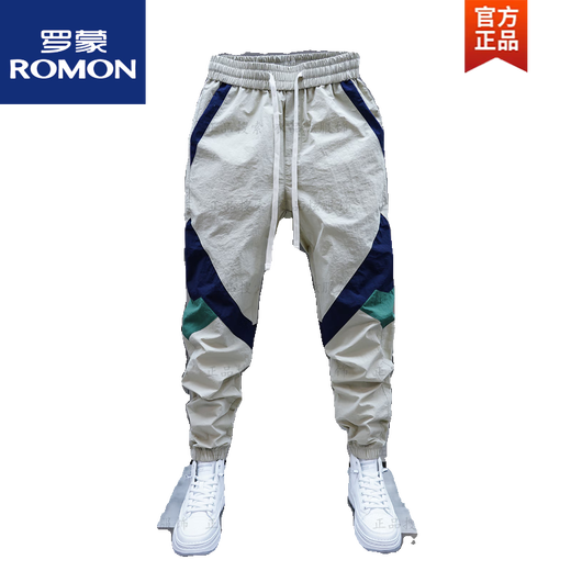 ROMON men's summer thin color-blocking foot casual pants elastic waist splicing pants trendy new fashion harem pants black 28