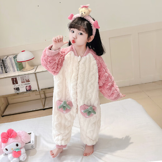 Kexin baby baby sleeping bag autumn and winter double-layer thickened flannel children's one-piece pajamas coral velvet baby anti-kicking quilt crawler suit pink strawberry size 90 recommended for 1-2 years old (height around 85)