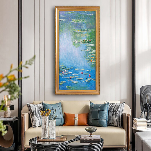 帝旗 世界名画莫奈 睡莲 纯手绘油画入户玄关装饰画走廊过道挂画竖版 692金实木框 100X200