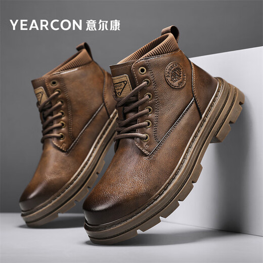 意尔康马丁靴男加绒秋冬季2024新款高帮靴子工装棉鞋休闲真皮鞋男英伦风 深棕702 40 (250mm)