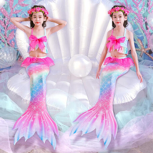 Ruiyang mermaid clothes princess tail children's swimsuit girls split bikini baby swimwear new hot spring colorful three-piece set + crown + necklace 4-piece set 110cm