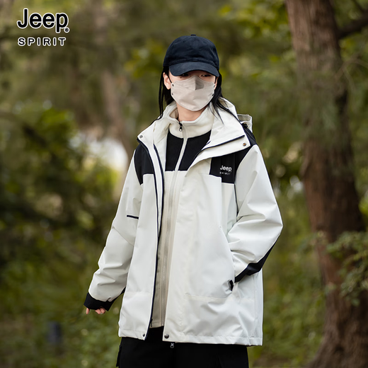 吉普（JEEP）冲锋衣羽绒服三合一男女士外套男团购情侣夹克衣服男装登山滑雪服 象牙白 [春秋款无内胆]男女同款锋衣 M (建议135-150斤）