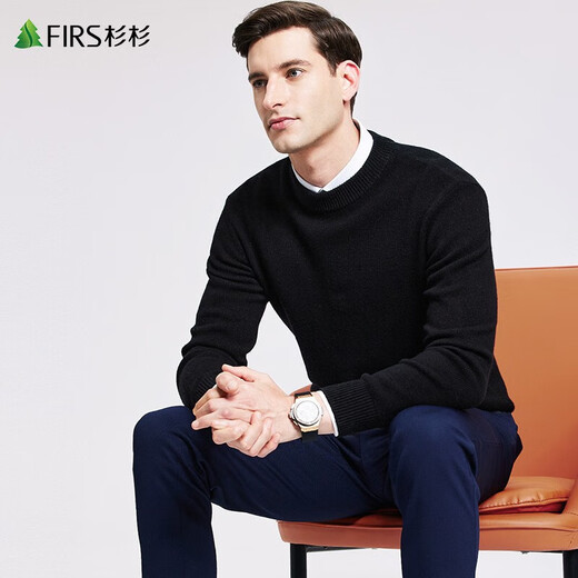 Shanshan (Tannen) dicker reiner Wolle runder Nackenpullover für Herren Herbst Neugeschäft Solid Color Casos gestrickt war warmer Pullover 692 Black S (165)