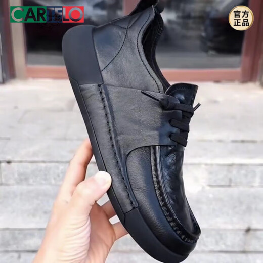CARTELO 2025 Autumn New Pure Leather Business Casual Cowhide Comfortable Round Toe Lace-Up Fashion Versatile Soft Soled Leather Shoes for Men 38818 Black 40