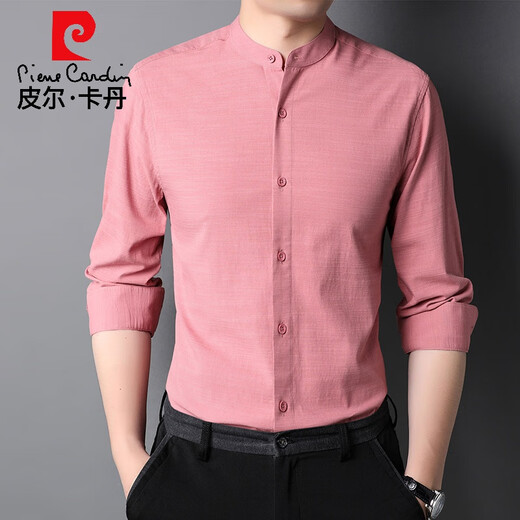 Pier Cardin Camisa de manga larga Collar de pie para hombres Camisa de color sólido Camisa de color sólido Algodón de algodón de algodón de edad de mediana edad y joven primavera y otoño Top 9930 Light Blue 175/L