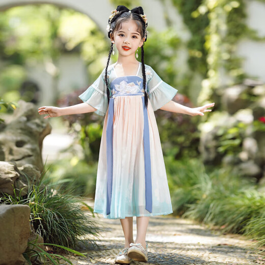Disfraz de verano de las niñas de Aibaoshi para niñas de Hanfu de manga corta Día de niños, regalo de rendimiento de estilo chino S689 Qingshan Dai 110 cm [altura sugerida 106-115 cm]