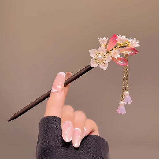 Clan ancient bell orchid tassel hairpin for women summer cheongsam and Hanfu hairpin new Chinese style step rocking hairpin headdress winding wooden hairpin blue 5004 B01-101