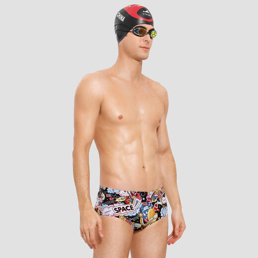 YINGFA triangle professional racing swimming trunks, colorful fashionable anti-chlorine quick-drying swimming trunks for men, competition training low-resistance swimming trunks, black printing XL (waist circumference 80-85cm/31-33 size)