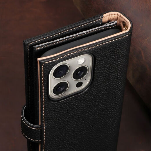 Shell Jazz Apple 14Promax Case de téléphone mobile iPhone 15pro Case de protection High-Dee Geat en cuir Couge de tête de vache Cow Hide Slot Wallet Fashionable Budle Personnalise Business Model Model Protective Case [Business Black] Véritable Sac de carte en cuir Apple 15Promax