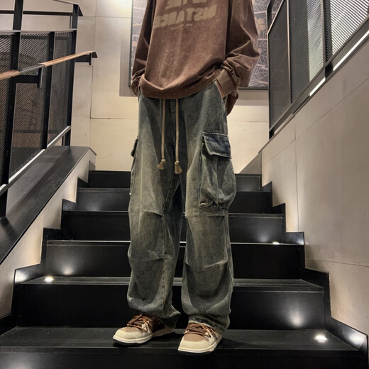 NEW OR MODE Distressed Workwear Jeans Men's American Retro Washed High Street Pants Trendy Brand Loose High-Level Straight Pants Cement Yellow XL