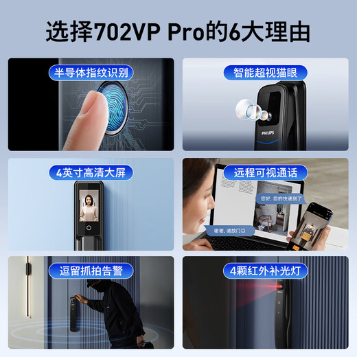 Philips (Philips) Smart Door Lock Visual Cat Eye Gran Pantalla de huellas Dactugas Puerta de seguridad de la puerta del hogar Cierro pequeño Small Blue Shield 702-VP-Pro