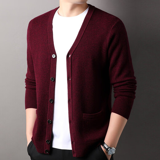 
Hengyuanxiang 100% pure wool cardigan men's V-neck solid color sweater autumn and winter new sweater trendy jacket 1520222 China Coffee M 170/48/105