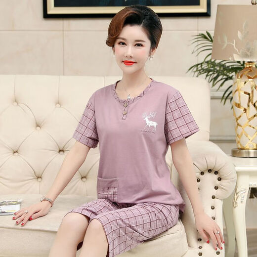 炙夏中年妈妈睡衣女夏季纯棉短袖七分裤中老年人 t3937 2XL (135-155斤)