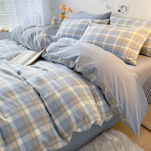 Catman pur coton lit quatre pièces ensemble 100 cotons de couleur coton feuilles et couvercles de courtepointe et couvercles de courtepointe pour les simples et les doubles pour la maison Jian Xilan [100% coton adapté à la peau et respirante] 1,5 / 1,8 m de feuille de lit quatre pièces - Couverture de courtepointe 2 * 2,3 m