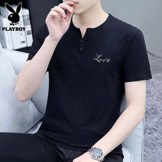 花花公子（PLAYBOY）短袖t恤男2025夏季新款潮流v领休闲宽松上衣薄款凉感男装 5024白色 M