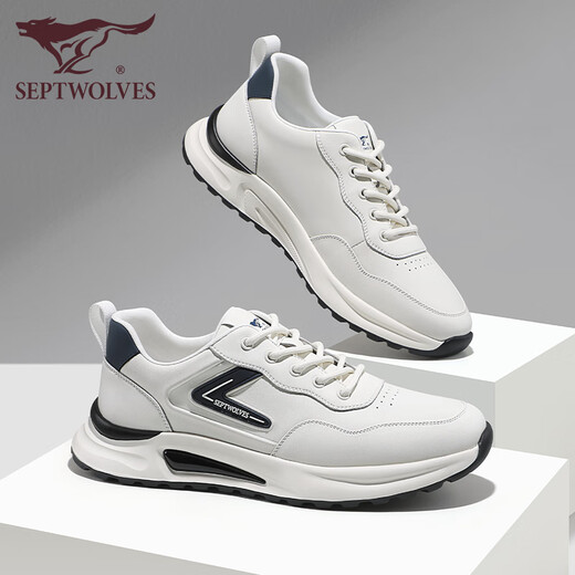 Zapatos para hombres de siete lobos para zapatos casuales de cuero de verano para zapatillas de alto rango de suela gruesa para hombres zapatos blancos de moda y versátiles de viaje blanco/azul 1049 39
