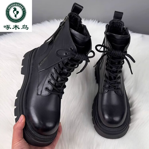 
Woodpecker genuine leather thick-soled Martin boots for women 2025 new spring and summer fashion trend British style short boots autumn and winter plus fleece single boots black * single 37