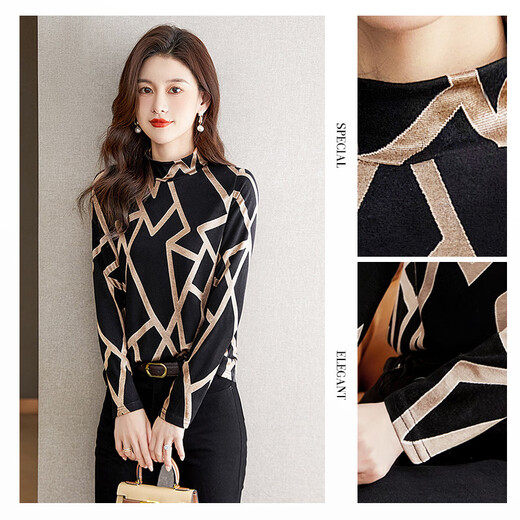 Sibaishe Half Turtle Collar Bottoming Shirt 2025 Autumn New Style Women's Geometric Pattern Slimming Top