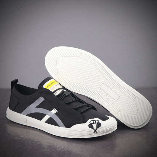 Leopard Rider QI PAO REN brand canvas shoes for men, one-legged 2024 spring new breathable casual shoes, comfortable lace-up beanie shoes, black 42 (260mm)