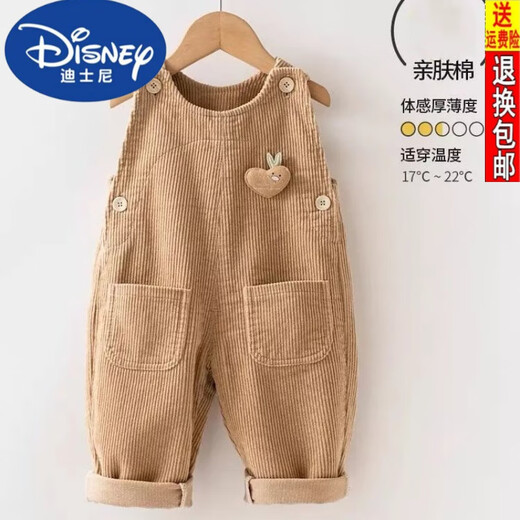 Disney baby overalls autumn and winter plus velvet infant jumpsuit 0 to 3 years old children's casual cute baby corduroy pants khaki (spring and autumn) 90