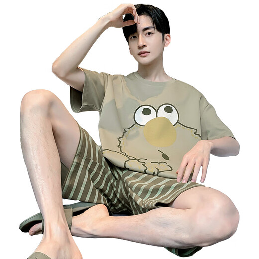 莫代尔睡衣男士夏季纯棉短袖薄款加肥加大码卡通青少年学生大童男款套装 短-WB1343条纹芝麻 小码M(建议身高155CM左右，体重7
