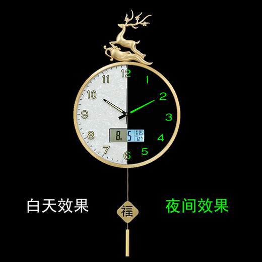Kaiqin Messing Luminous Radio Wave Wall Clock Wohnzimmer Home Mode 2025 Neue Wanduhr Automatische Zeitverschiebung einfacher Uhr, volles Kupfer großer 9276 Leuchtkalender - Luminous Nummern 35 cm Manuelles Zeiteinstellungsbewegung (10 Jahre Schutz)
