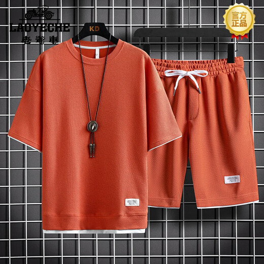 Classic Car (LAOYECHE) 2025 High-end Casual Sports Set Men's Summer Ice-Sensing Trendy Loose Short Sleeve Shorts Set Clothes 3880 Navy Blue Set M 165