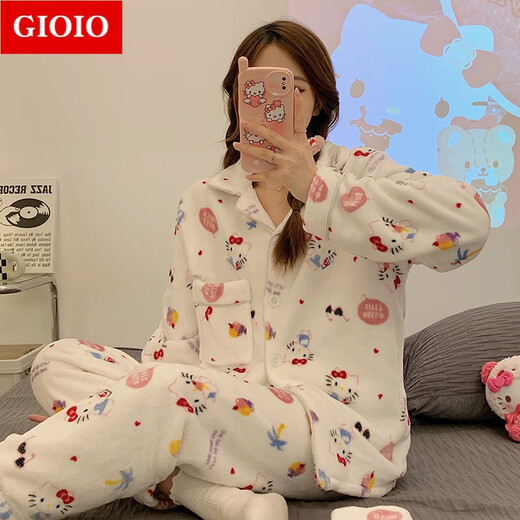 GIOIO Sanrio Jade Gui Dog Plus Fleece Thickened Coral Velvet Pajamas Women's Fall and Winter New Flannel Home Clothing Set zd-761#Katie Cat with Eyebrow M