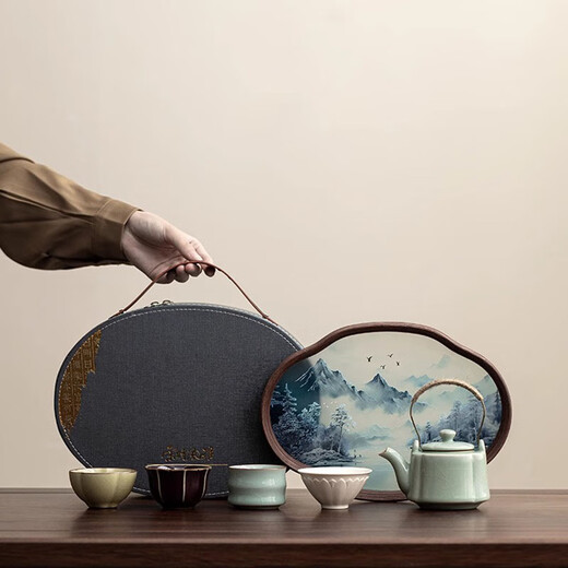 Ahri's Love Travel Tea Set Complete Set Souvenirs Business Gifts Husband Father Birthday Gift Men's Dad Teacher Five Famous Kilns One Pot Four Cups Travel Bag with Tea Tray Housewarming Gift Practical High-end Retirement and Veterans Souvenirs