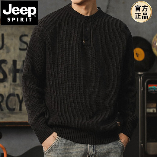 JEEP SPIRIT American retro knitted sweater for men in autumn and winter thickened warm henley sweater lazy style vertical pullover bottoming shirt black S 90-110Jin Jin equals 0.5 kg