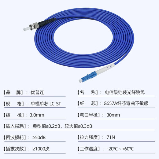 优普连 电信级铠装单模光纤跳线sc转sc-LC-FC-ST钢圈铠甲线 工程专用尾纤延长线防鼠咬阻燃 铠装单模单芯LC-ST 20米