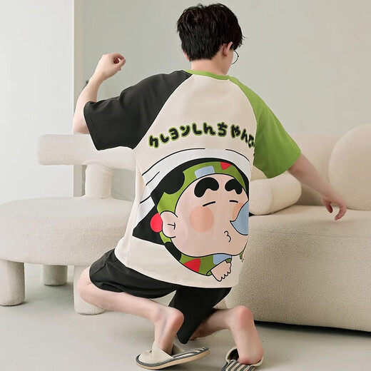 莫代尔睡衣男士夏季纯棉短袖薄款加肥加大码卡通青少年学生大童男款套装 短-WB1343条纹芝麻 小码M(建议身高155CM左右，体重7