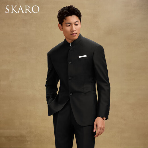 SKARO【新中式】休闲西装外套男士青年装夏季羊毛立领中山装西服 黑色SKV1011(单西) 44