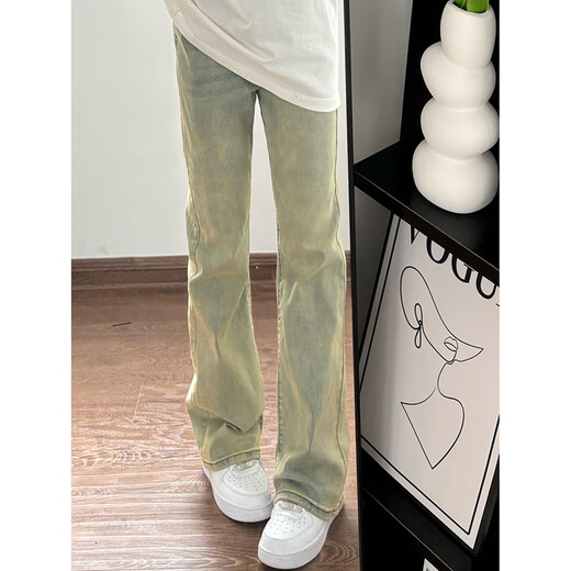 Digada American trendy winter retro distressed bootcut jeans for men with velvet and drapey floor-length men's trousers warm trousers YGFS-D824 yellow mud color regular M recommended 80-100Jin Jin equals 0.5 kg