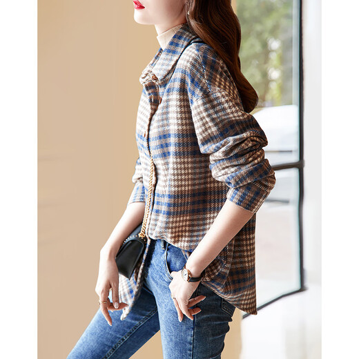 Demana retro commuter layered plaid simple loose off-shoulder shirt contrasting color warm shirt women's top