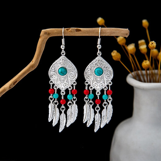 Lemiao (Lemiao) Europäische und amerikanische böhmische ethnische Ohrringe und Ohrringe für Frauen Miao Silver Tropical Quaste Ohrringe Ethnic Travel Jewelry H1278 Farbe