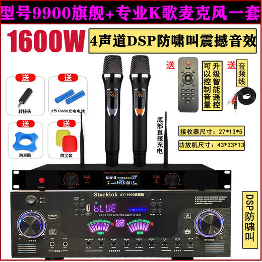 Starklok5声道功放机家用大功率功放机KTV发烧重低音数字7声道5.1功放 999双牛1000W双充电U段调频麦 9900DSP1600W+舞台专业K歌麦金属话筒
