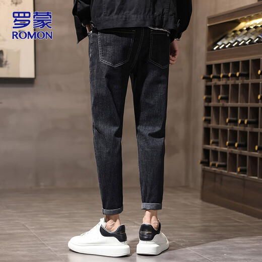 
ROMON jeans men's summer slim pants men's trendy brand small feet trousers casual men's pants trendy black gray 32