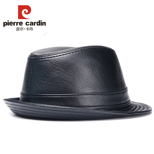 Pierre Cardin Genuine Leather Hat Men's Autumn and Winter First Layer Cowhide Casual Dad Jazz Hat Short Brim Small Hat Outdoor Outing Black Medium XL (57-58cm)