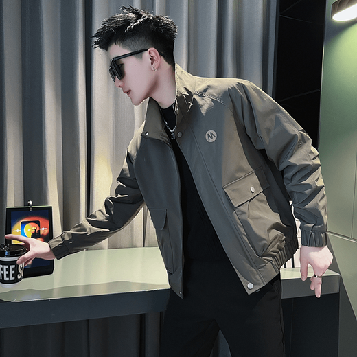 Jacket Men's Spring and Autumn New Casual Fashion Short Stand Collar Jacket Retro Workwear Trendy Brand Tops Black L