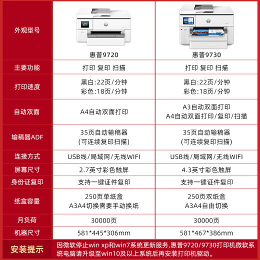 HP HP color inkjet printer A3A4 home office 9730 wireless automatic double-sided copying machine 9720 9730 A3/A4 printing and copy scanning Dual paper boxes set two [host + chip ink cartridge 2 sets + ink cartridge 2 sets]