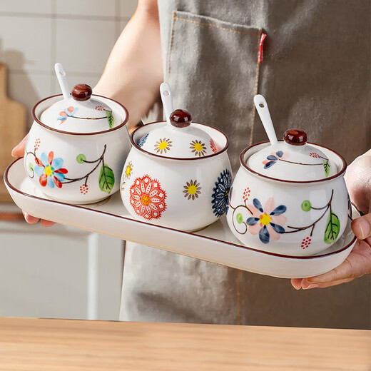 Huangsi ceramic seasoning jar combination household seasoning box kitchen storage seasoning utensils salt jar sugar jar chili jar seasoning jar ceramic seasoning jar with spoon (without tray)
