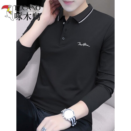 Woodpecker (Tucano) Pure Cotton Herren-Langsalz-T-Shirt-T-Shirt-Basishemd-Revers-Polo-Hemd-T-Shirt-Business-Kleidung neuer Stil 2024 5010 Black 2xl Empfehlung [145160jin [Jin gleich 0,5 kg]]