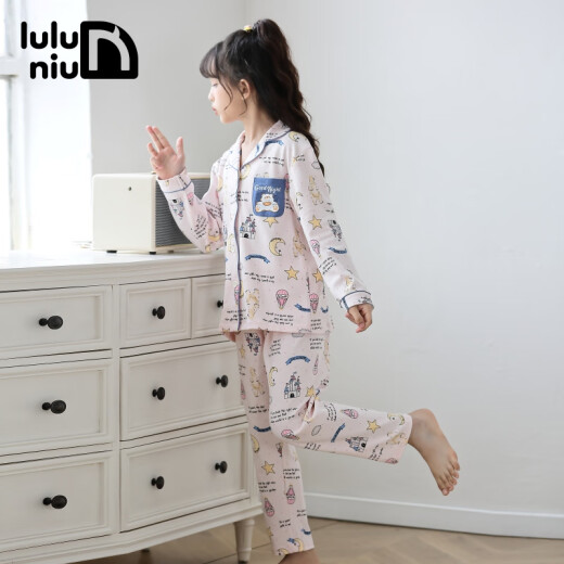 Luluoxi spring children's cotton pajamas girls long-sleeved girls spring and autumn 12-year-old 15-year-old home clothes 14202-pink 160cm (size 20 recommended height 150-155)