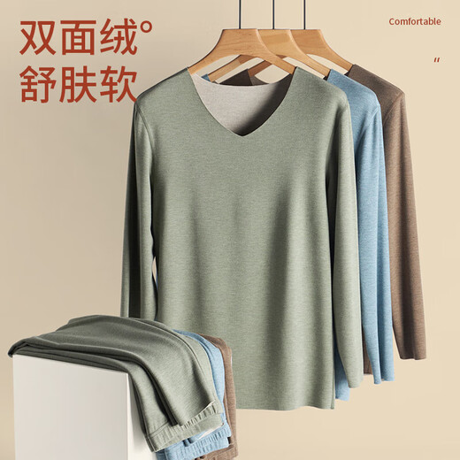 CALOWE KOLEVN羊毛男保暖内衣套装加绒加厚蚕丝德绒无痕V领秋衣秋裤男保暖衣 棕咖-羊毛蚕丝/适宜-15℃-10℃ 3XL 体重180-200斤
