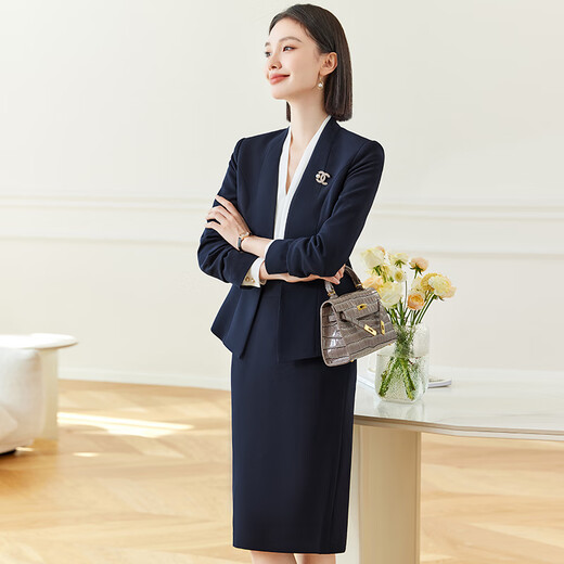 Weishipin Spring Suit Jacket for Women Small 2024 New Style Ladylike Professional Suit Work Clothes Navy Suit + Midi Skirt L Recommended 108-117 Jin Jin equals 0.5 kg