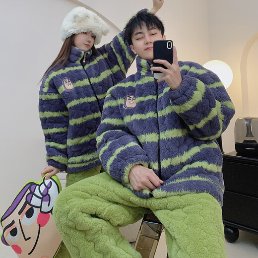 Mengdong three-layer quilted ultra-thick coral velvet Buzz Lightyear couple's pajamas winter plus velvet thickening men's and women's home wear set thick three-layer quilted 6815# brown striped Woody men's style (XXL)