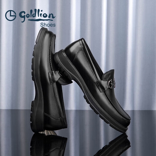 Goldlion Men's Loafers Leather Shoes Comfortable Slip-On Business Casual Shoes G550310452AAB-Black-40 Size